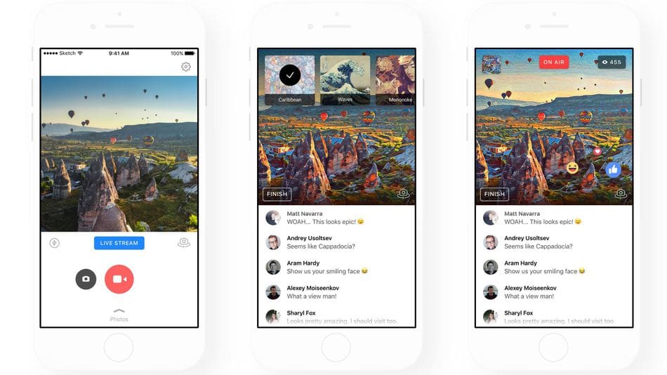 iPhones con paisajes en pantalla que muestran como se ven con diferentes filtros de Prisma.