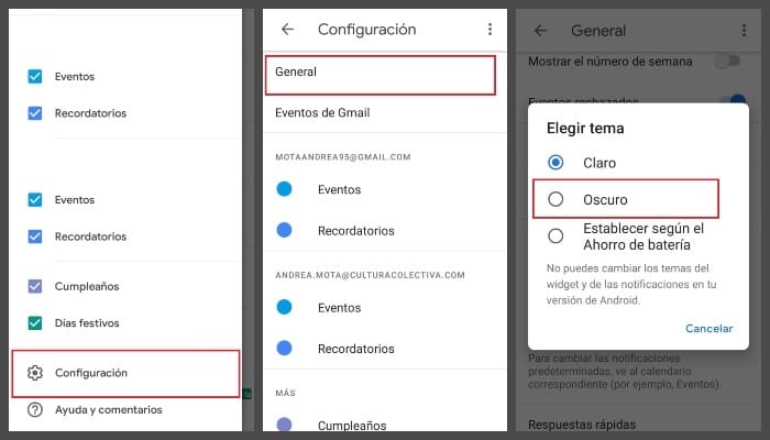 Calendario modo oscuro Google 