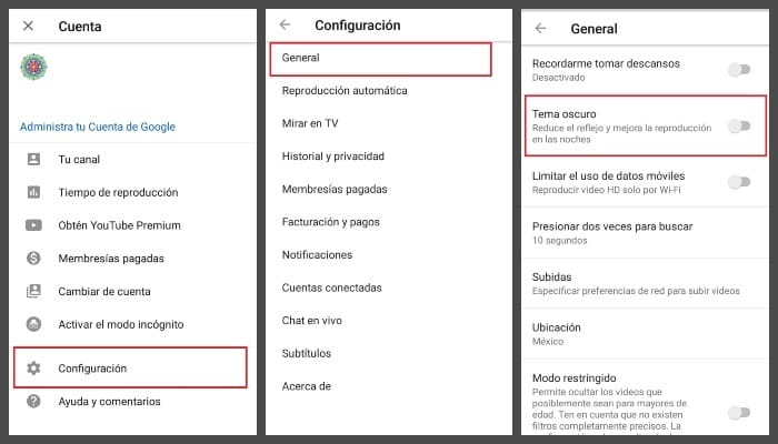 YpuTube modo oscuro Google 
