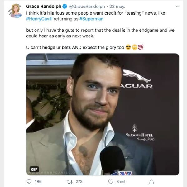 Henry Cavill podría interpretar a Superman en el universo DC de Warner. *Foto Grace Randolph vía Twitter