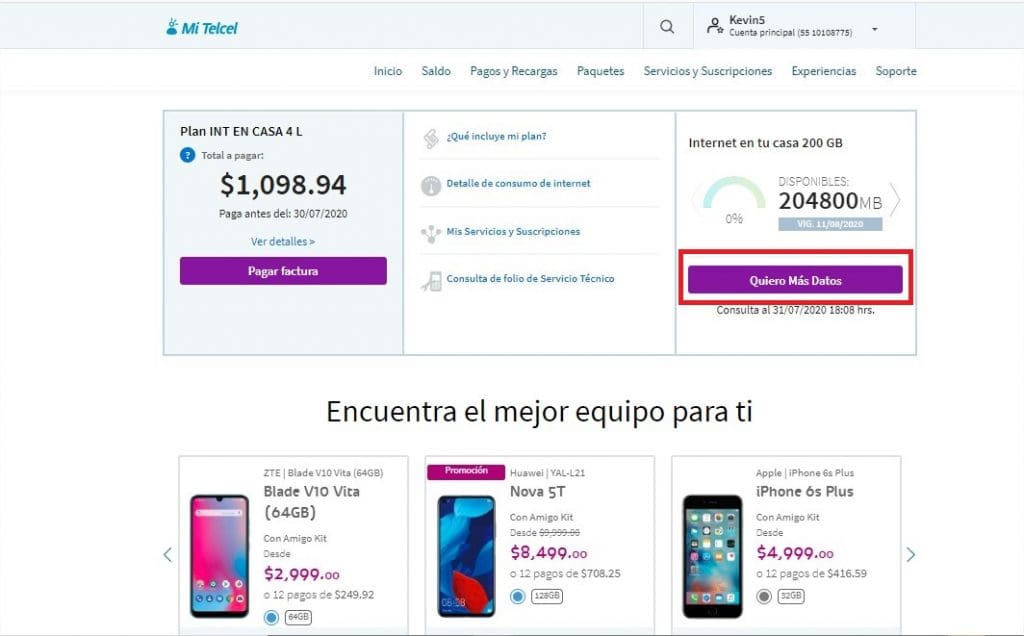 Mi Telcel paquetes adicionales 