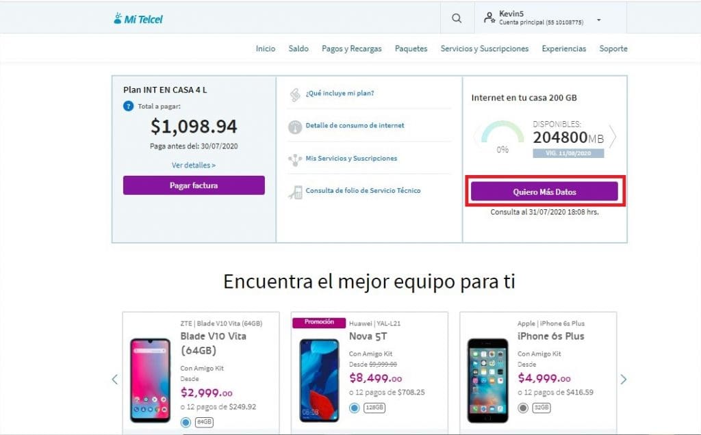 Mi Telcel paquetes adicionales 