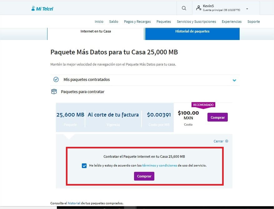 Mi Telcel paquetes adicionales 