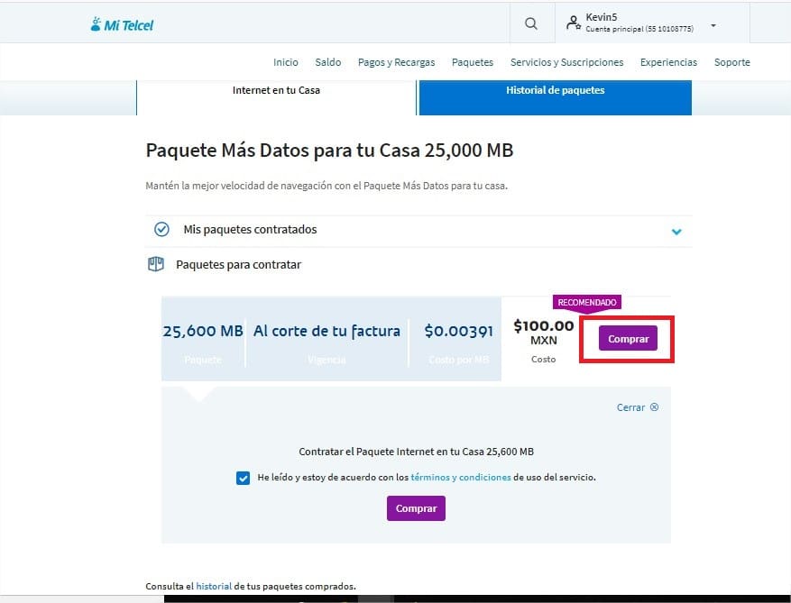 Mi Telcel paquetes adicionales 