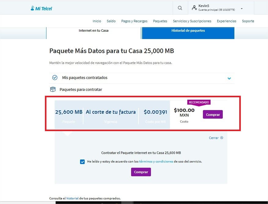 Mi Telcel paquetes adicionales 