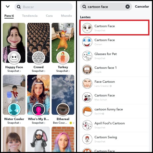 Cartoon face filtro Snapchat 