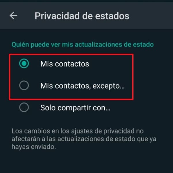 WhatsApp decidir quién puede ver tus estados