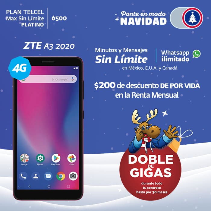 Plan Telcel Max Sin Límite 6500 Platino ZTE A3 2020