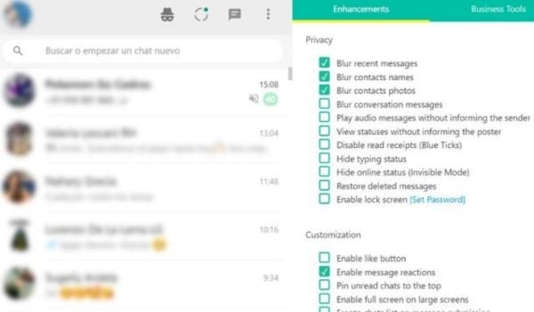Captura de pantalla WhatsApp Web con chats ocultos gracias a extensión 