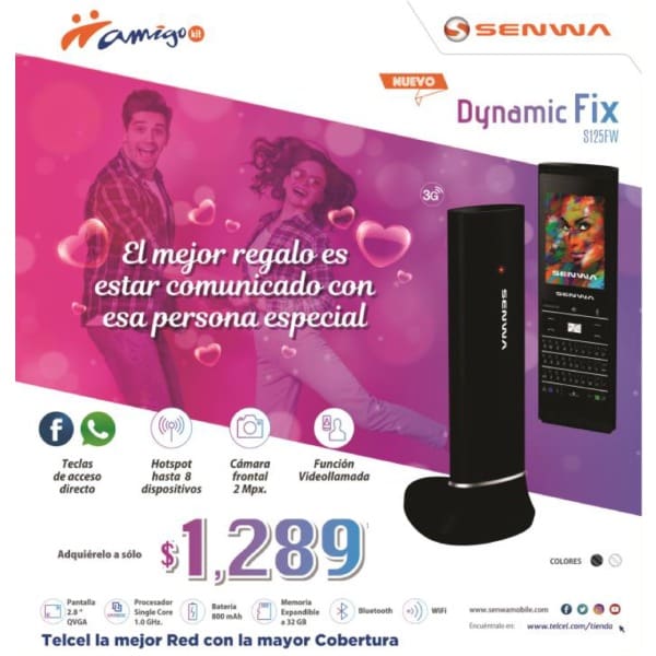 Si lo tuyo es lo innovador y sofisticado, entonces esta promoción es para ti en donde puedes estrenar un nuevo Dynamic Fix de Senwa con teclas de acceso directo a WhatsApp y Facebook, Hotspot hasta para 8 dispositivos y función de videollamada a sólo $1,289. Disponible en colores negro y blanco. 