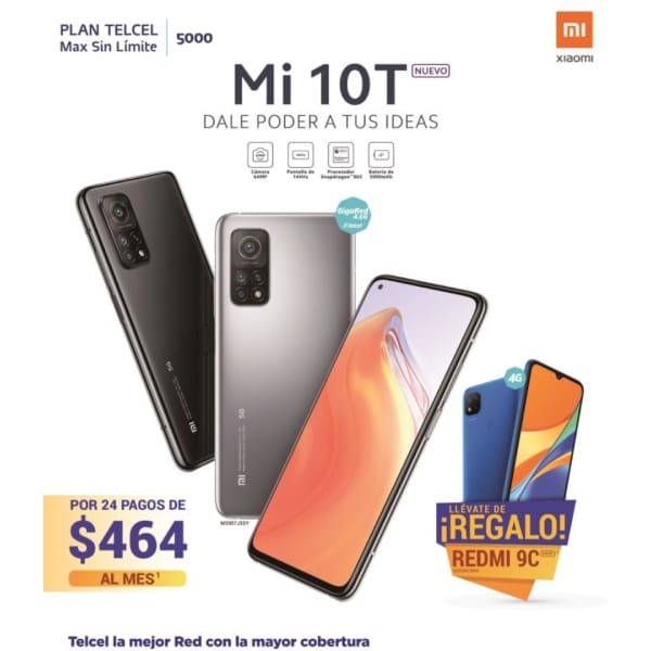 Dale poder a tus ideas con el nuevo Mi10T, la sorpresa de Xiaomi, con pagos accesibles de $464 al mes al adquirirlo con un Plan Telcel Max Sin Límite 5000 y de regalo llévate un Redmi 9C. 