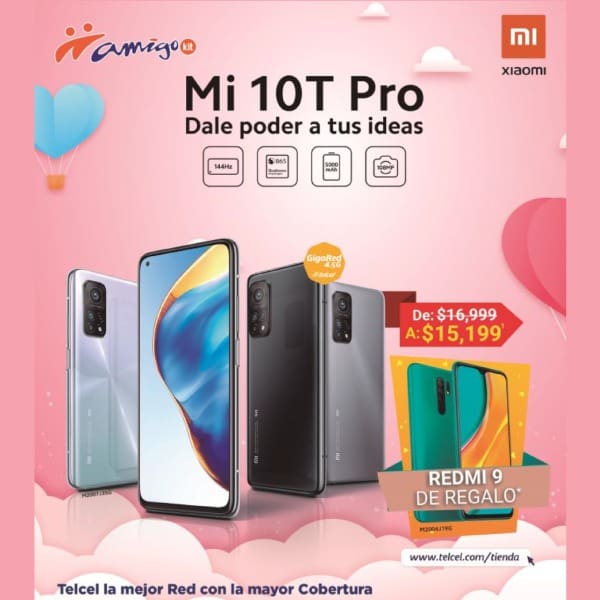 Con Amigo Kit también puedes llevarte el Mi 10T Pro, el cual posee cualidades sorprendentes, de $16,999 a sólo $15,199. Pero no sólo eso, al aprovechar esta promoción será tuyo de regalo un Redmi 9 para compartir con esa persona especial.