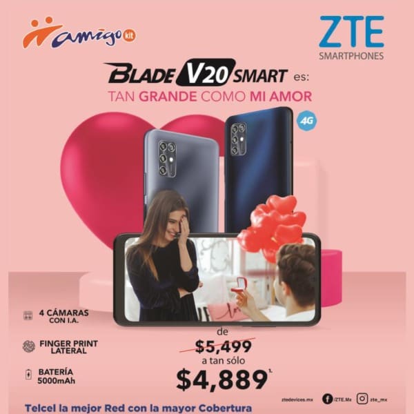 El Blade V20 Smart, otro de los más sorprendentes smartphones de ZTE, también cuenta con su propia promoción en donde te lo puedes llevar de $5,499 a sólo $4,889. 