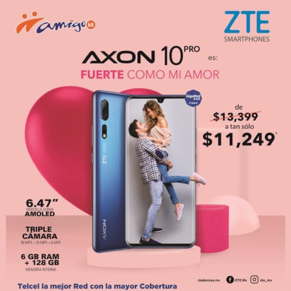 Con pantalla curva de 6.47 AMOLED, triple cámara de 48+20+8 megapíxeles y gran tecnología, el nuevo AXON 10 Pro también está de promoción de $13,399 a tan sólo $11,249. 