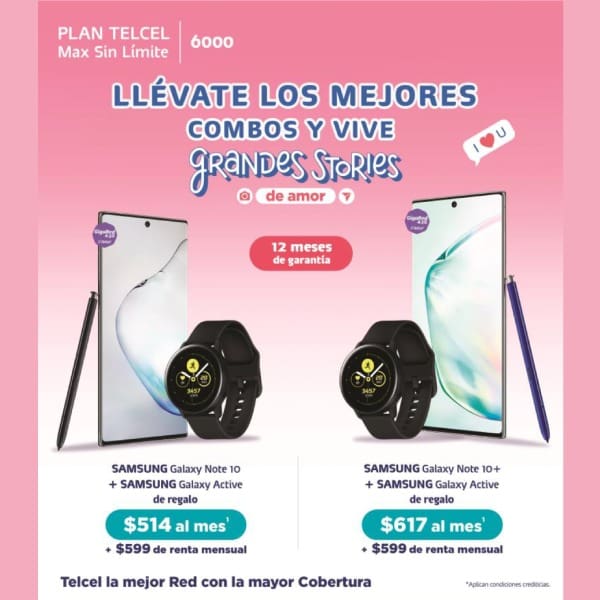 Otra gran promoción Samsung es un combo Samsung Galaxy Note 10 más un Samsung Galaxy Active de regalo por $514 al mes. O bien, un Samsung Galaxy Note 10+ más un Samsung Galaxy Active de regalo por $617 al mes. Ambos en un Plan Telcel Max Sin Límite 6000. 