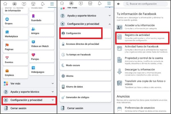 Facebook Registro de actividad Configuración 