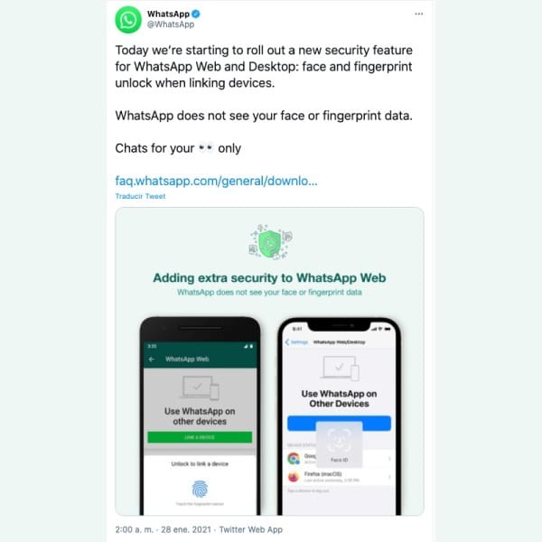 WhatsApp web tendrá autenticación facial