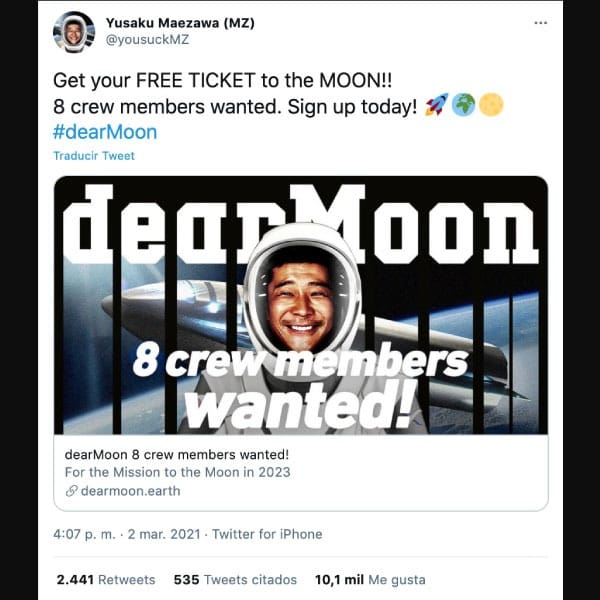 Millonario busca acompañantes para viajar a la luna