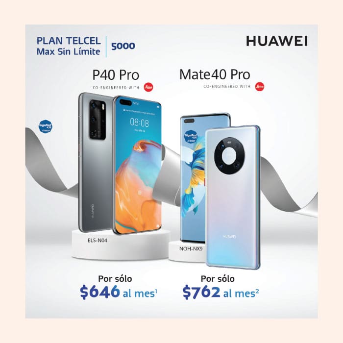Aprovecha el increíble precio de Huawei P40 Pro y Huawei Mate40 con con tu Plan Telcel Max Sin Límite 5000.