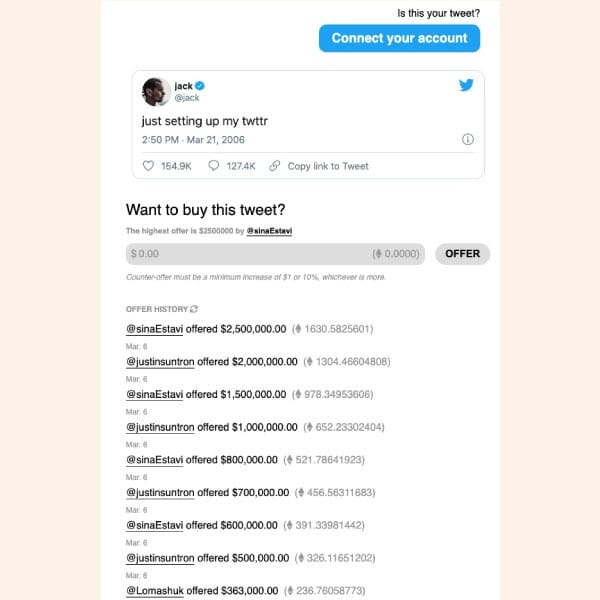 Jack Dorsey, fundador de Twitter subasta el primer tweet de la historia