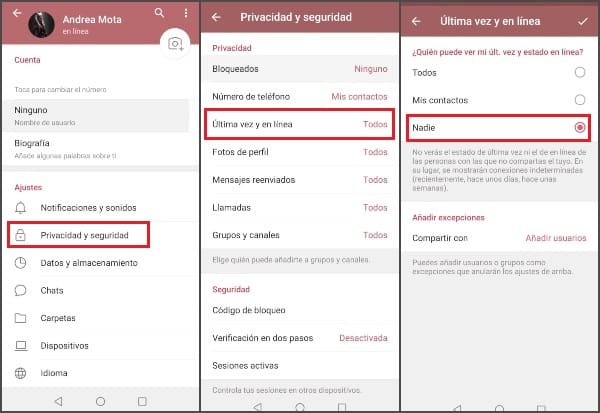 Telegram ajustes cómo ocultar última hora de conexión 