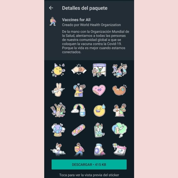 WhatsApp Deep Links packs stickers Vacunas Para Todos 