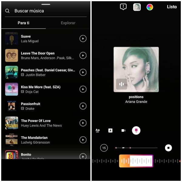 Instagram Stories cómo agregar música y compartirla, canciones, álbumes, artistas, Ariana Grande 