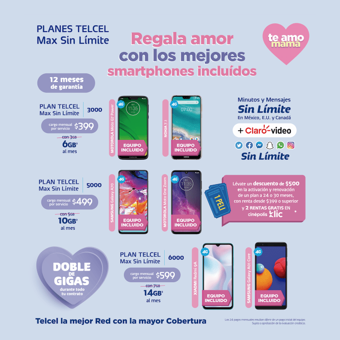 Contrata o renueva un Plan Telcel Max Sin Límite y recibe de regalo un nuevo equipo Telcel, más redes sociales ilimitadas, el Doble de Gigas y minutos y mensajes en México, Estados Unidos y Canadá.