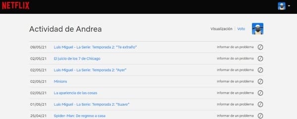 Películas y series, avtividad de visualización Netflix 