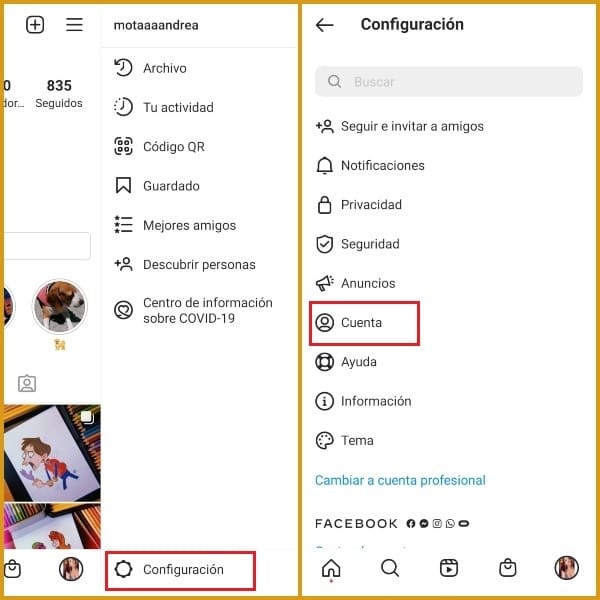 Menú de configuración y cuenta de Instagram para solicitar verificación de cuenta- Blog HolaTelcel 