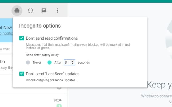 Opciones del modo incógnito de WhatsApp Web.- Blog Hola Telcel 