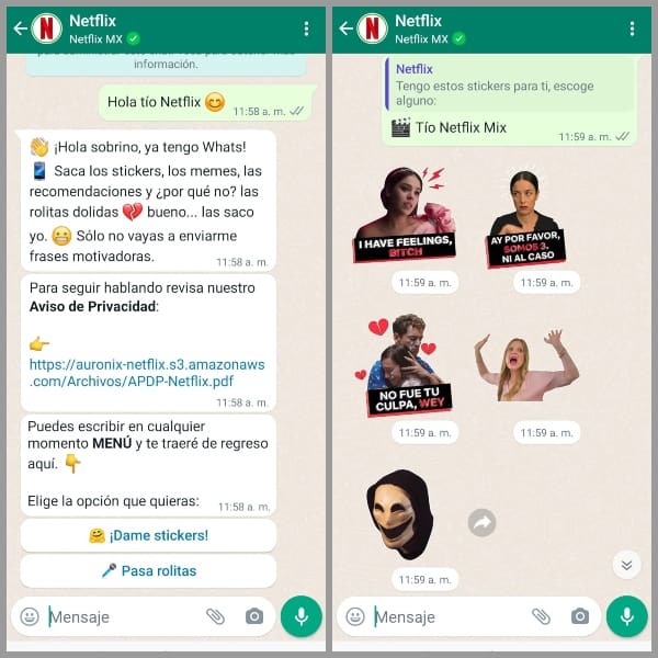 Chat con Netflix, quien te comparte stickers o canciones de películas y series favoritas.- Blog Hola Telcel 