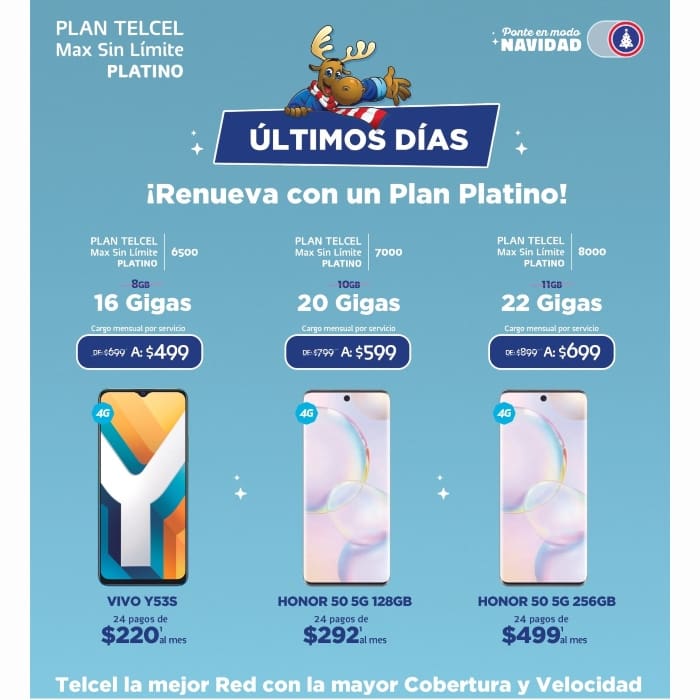 Aprovecha los últimos días de promociones navideñas en Telcel y renueva ahora mismo tu Plan Platino para estrenar a lo grande. Vigencia al 29 de diciembre de 2021.- Blog Hola Telcel
