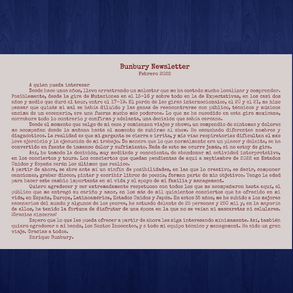 Comunicado en redes sociales de Enrique Bunbury sobre su retiro de los escenarios - Blog Hola Telcel