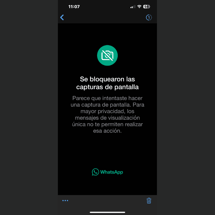 imagen del aviso que te dice que no puedes hacer capturas de pantalla a los mensajes de única visualización en WhatsApp.- Blog Hola Telcel