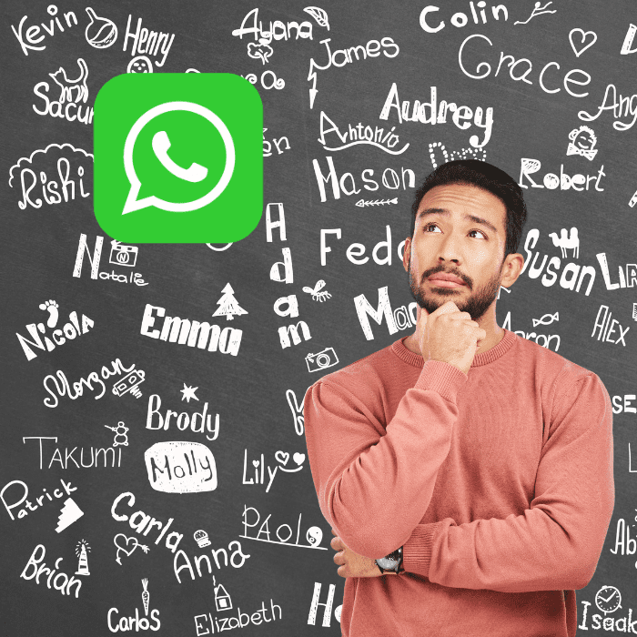 Hombre pensando frente a un pizarrón lleno de nombres sobre cuál podría ser su nuevo nombre único de WhatsApp.- Blog Hola Telcel