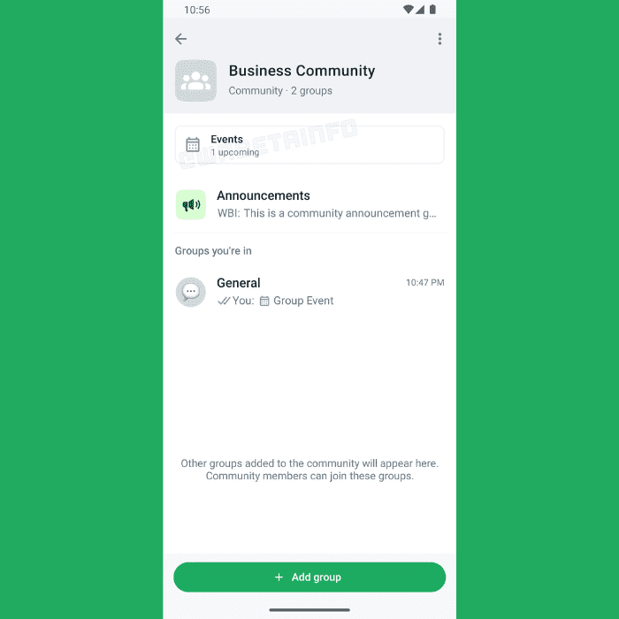 Captura de pantalla de WABetaInfo donde se muestra la nueva sección de eventos dentro de las comunidades de WhatsApp.- Blog Hola Telcel