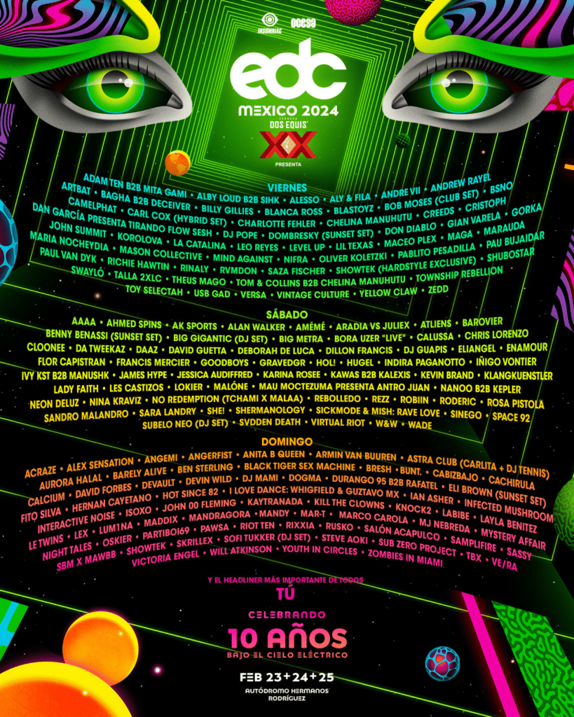 Cartel oficial de los artistas que se presentarán en el EDC México 2024.- Blog Hola Telcel.