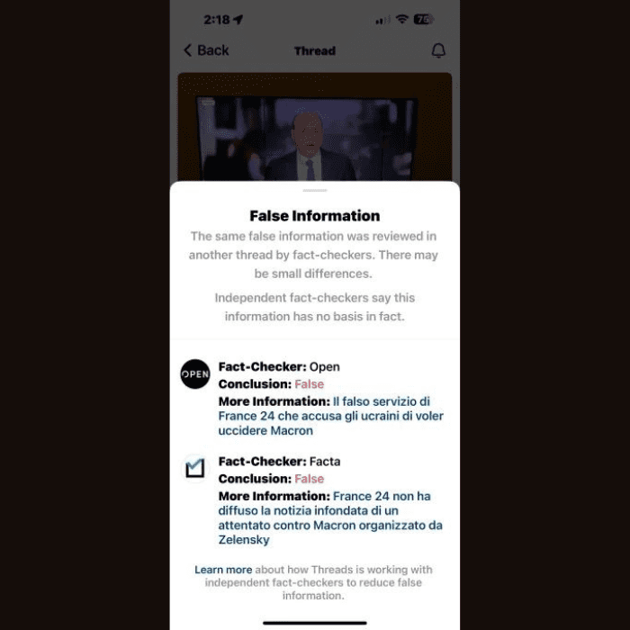 Captura de pantalla de cómo se verán las verificaciones de información en Threads.- Blog Hola Telcel
